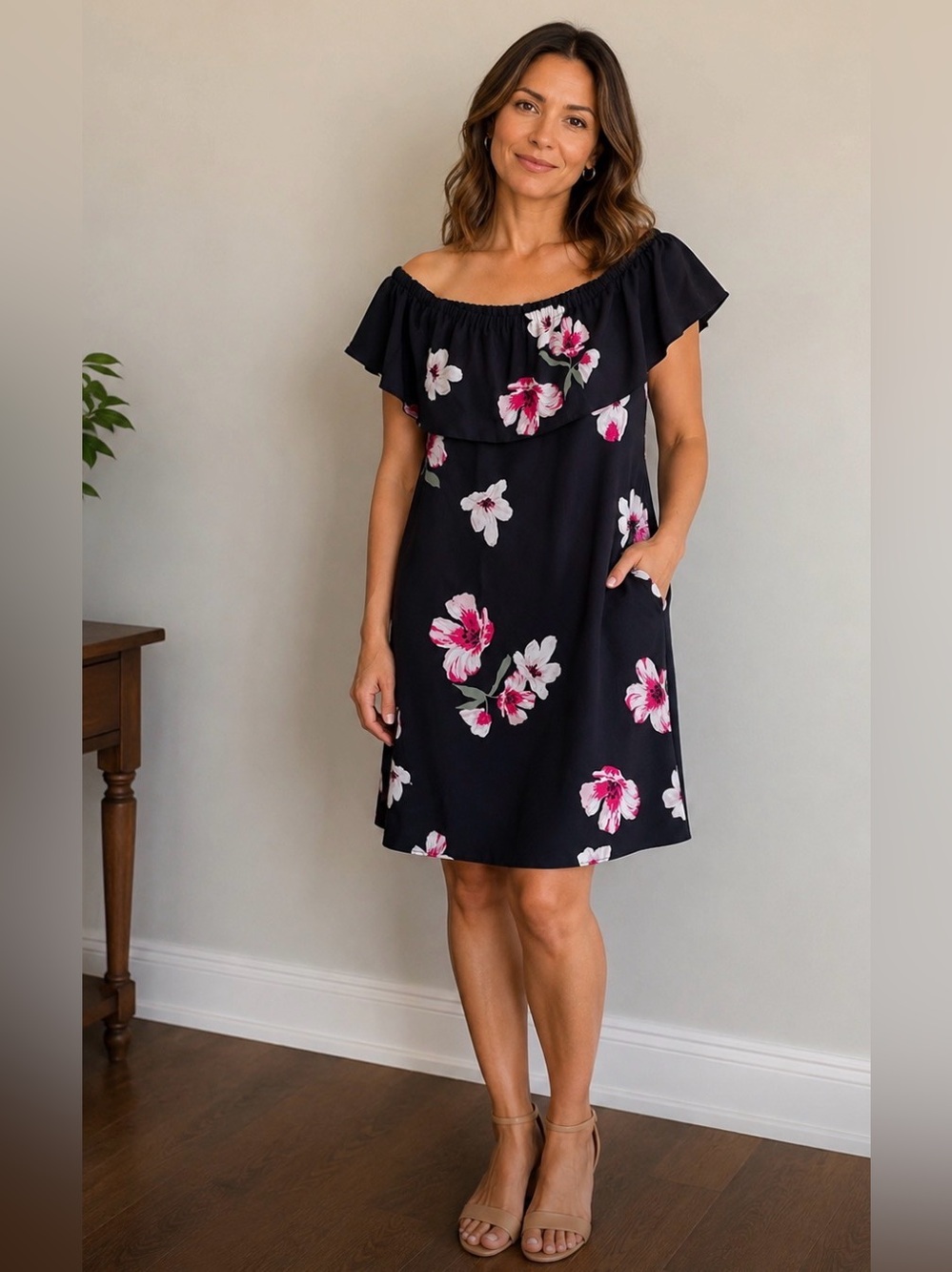 Wilfred Black Floral Dress with Pink & White Blooms